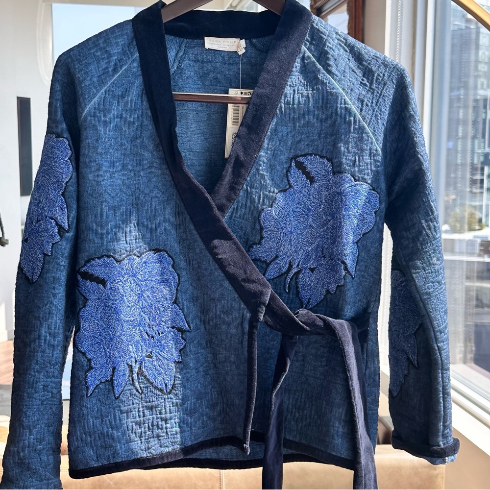 Zara Home Blue Wrap Jacket with Floral Embroidery